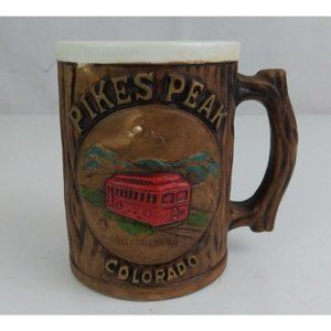 Vtg Enco Pikes Peak Colorado Wood Carved Look Train Car Ceramic Coffee Cup Japan